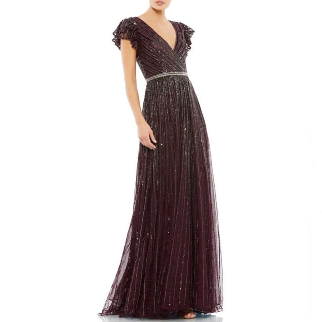 Mac Duggal Plum Sequin Embellished V-Neck Evening Gown